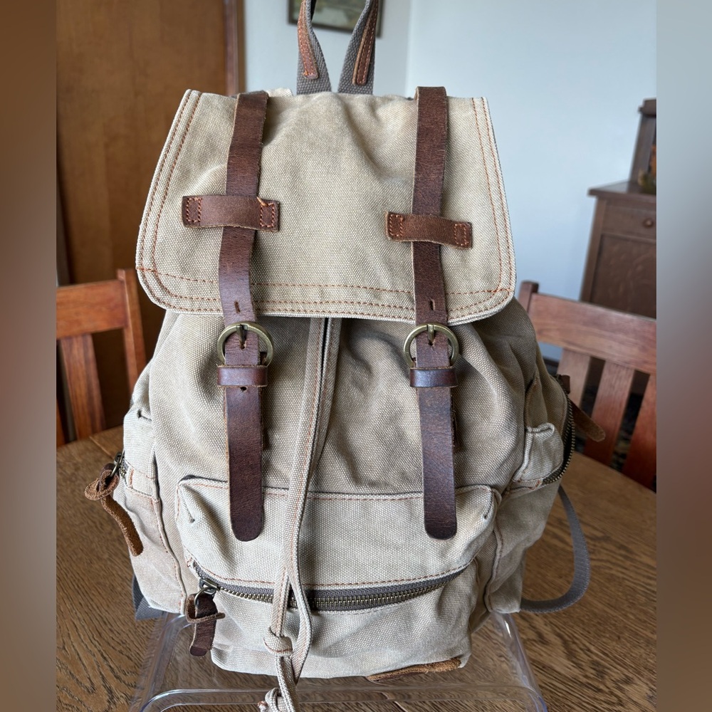 Gearonic vintage canvas, leather backpack, cinch & snap closures